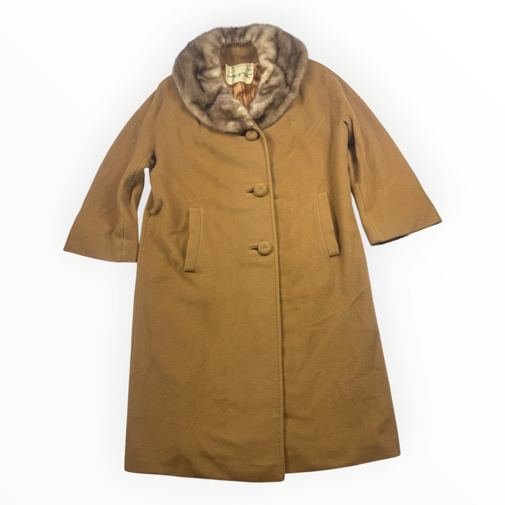 Vintage Cashmere Fur Collar Long Coat Camel Tailored Best's Apparel